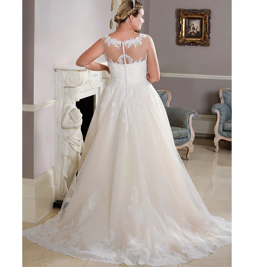 New Arrival Scoop Neck Plus Size Sleeveless Lace Applique A-line Bridal Gown Free Shipping