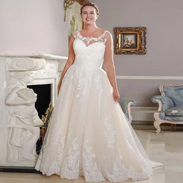 New Arrival Scoop Neck Plus Size Sleeveless Lace Applique A-line Bridal Gown Free Shipping
