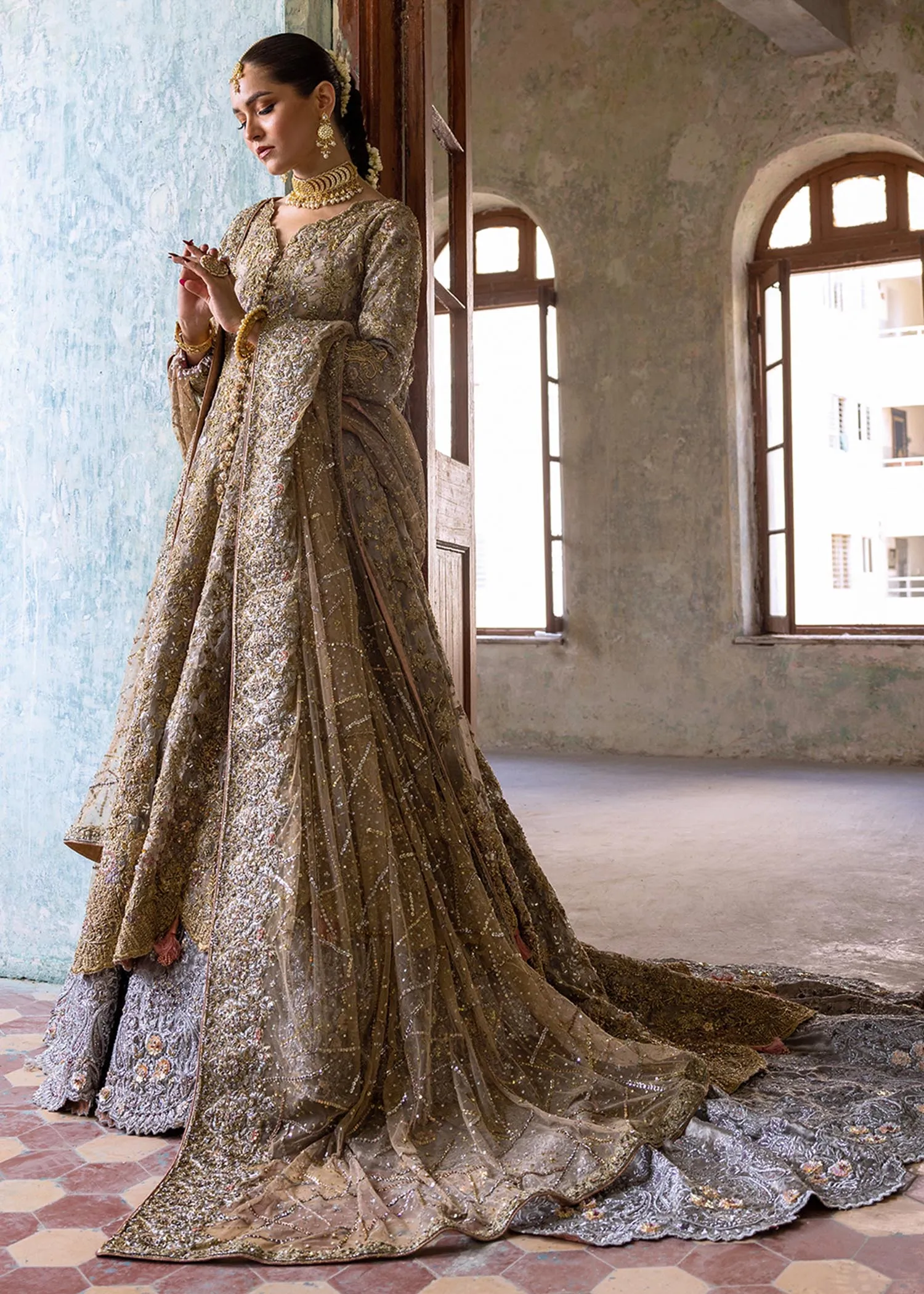 Nomi Ansari Pakistani Bridal Dress in Embellished Gown Lehnga Style