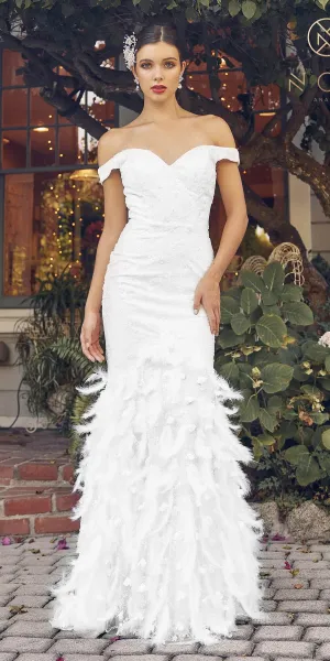 Nox Anabel C1106W Long Mermaid Off the Shoulder Gown with Feathers