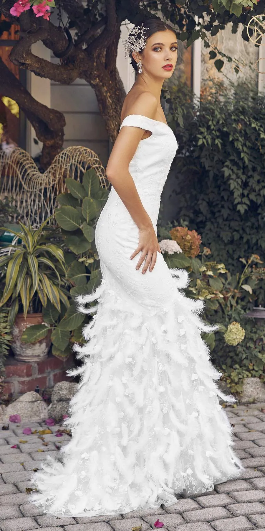 Nox Anabel C1106W Long Mermaid Off the Shoulder Gown with Feathers