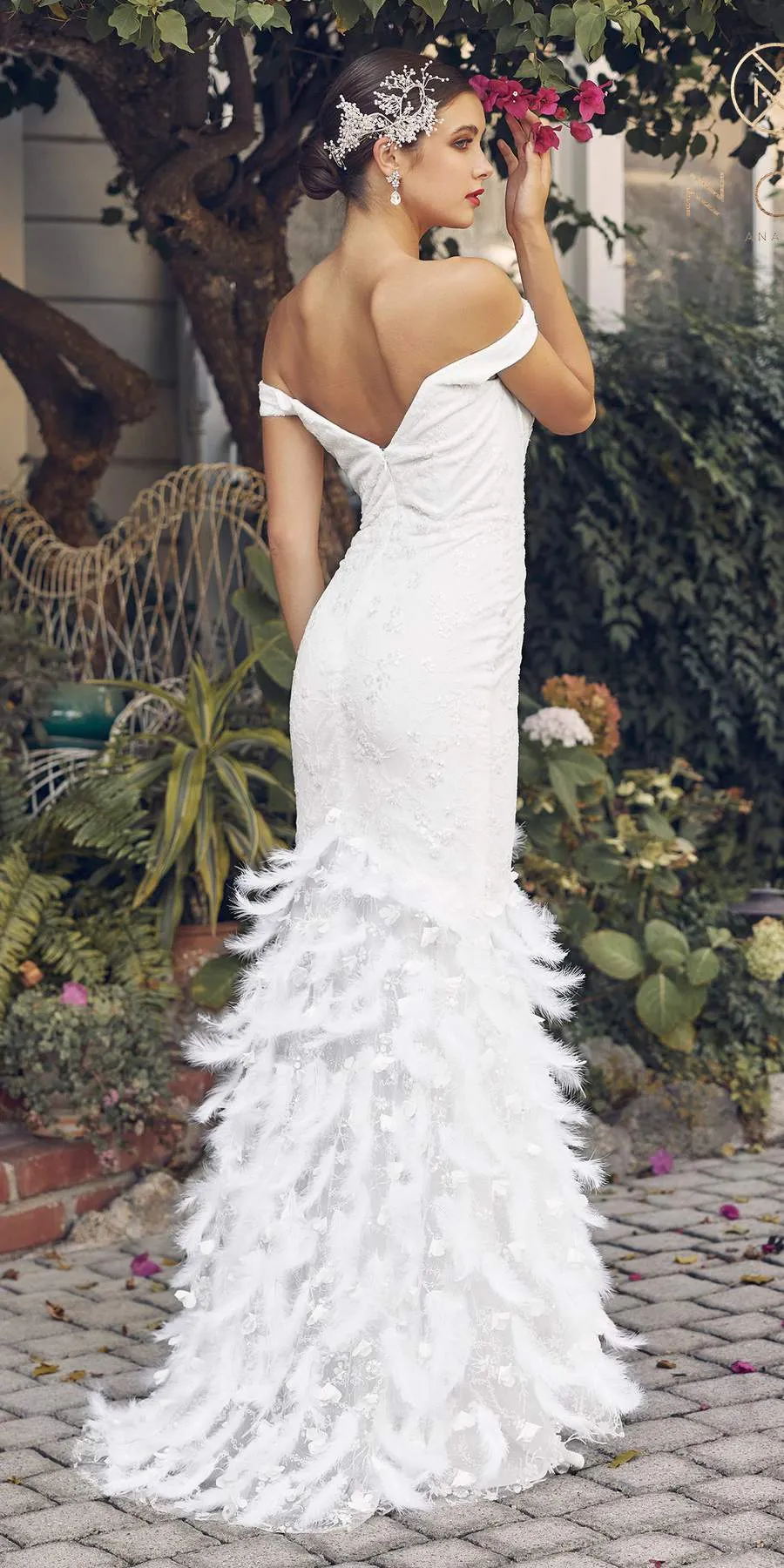 Nox Anabel C1106W Long Mermaid Off the Shoulder Gown with Feathers