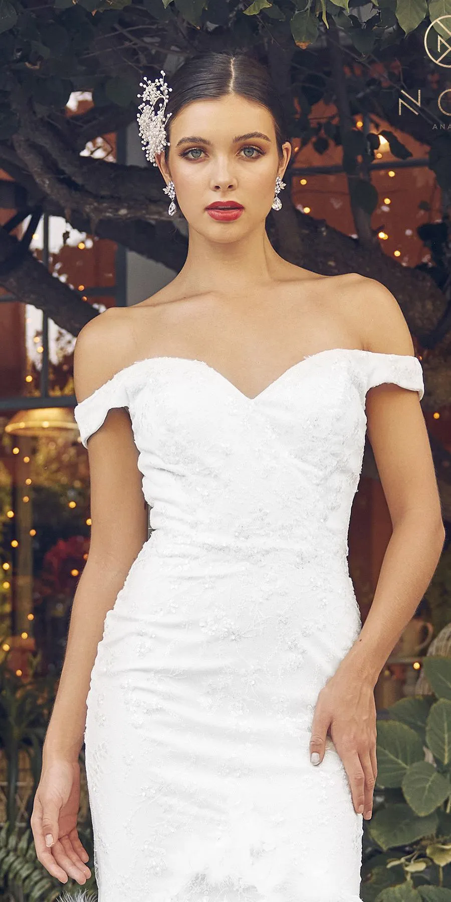 Nox Anabel C1106W Long Mermaid Off the Shoulder Gown with Feathers