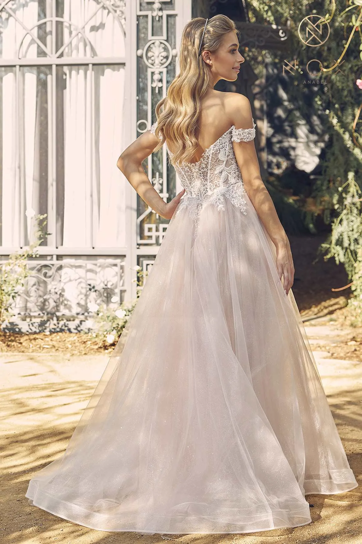 Nox Anabel C1107W Floor Length A-Line Glitter Tulle Gown Off the Shoulder
