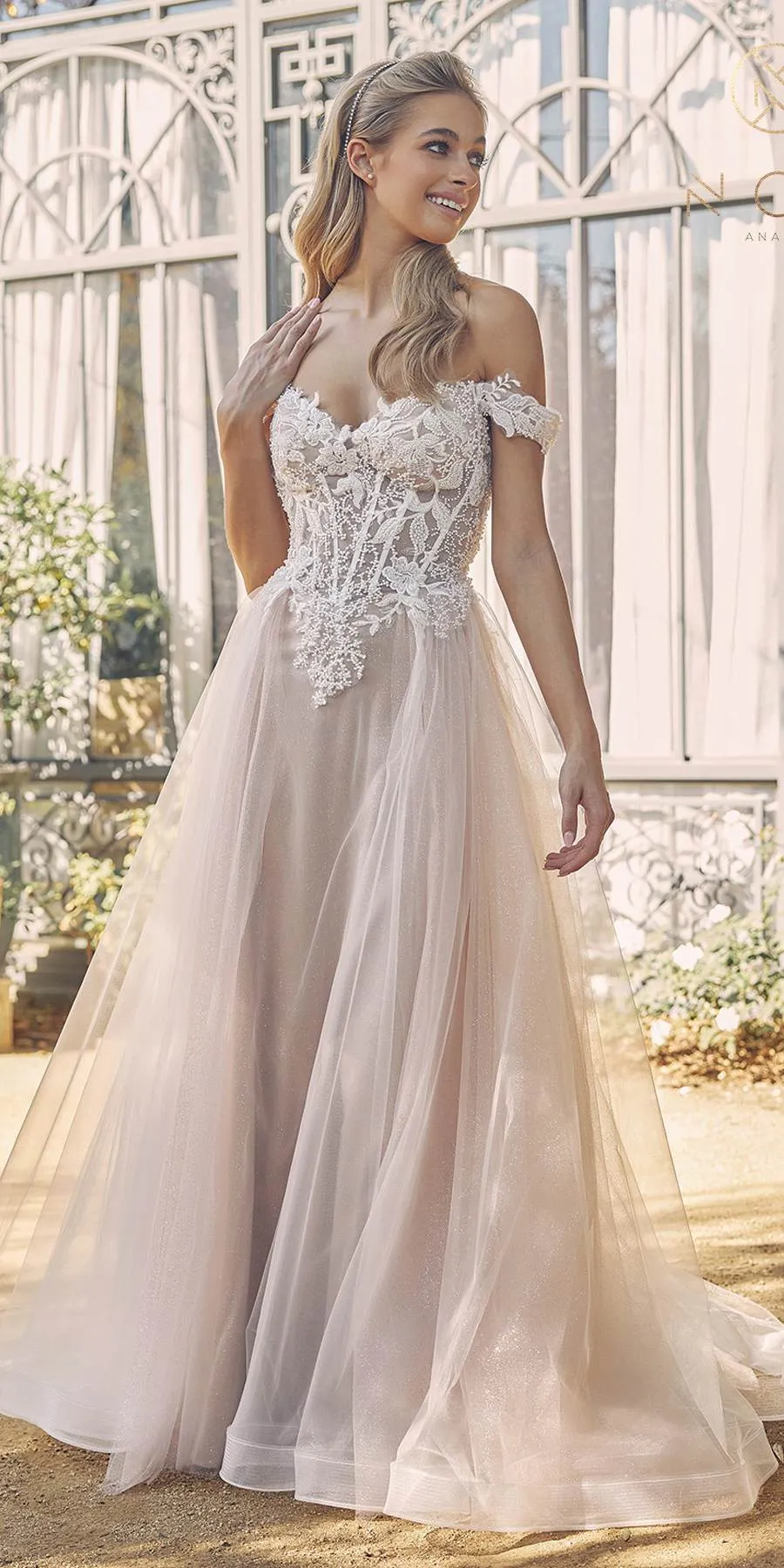 Nox Anabel C1107W Floor Length A-Line Glitter Tulle Gown Off the Shoulder