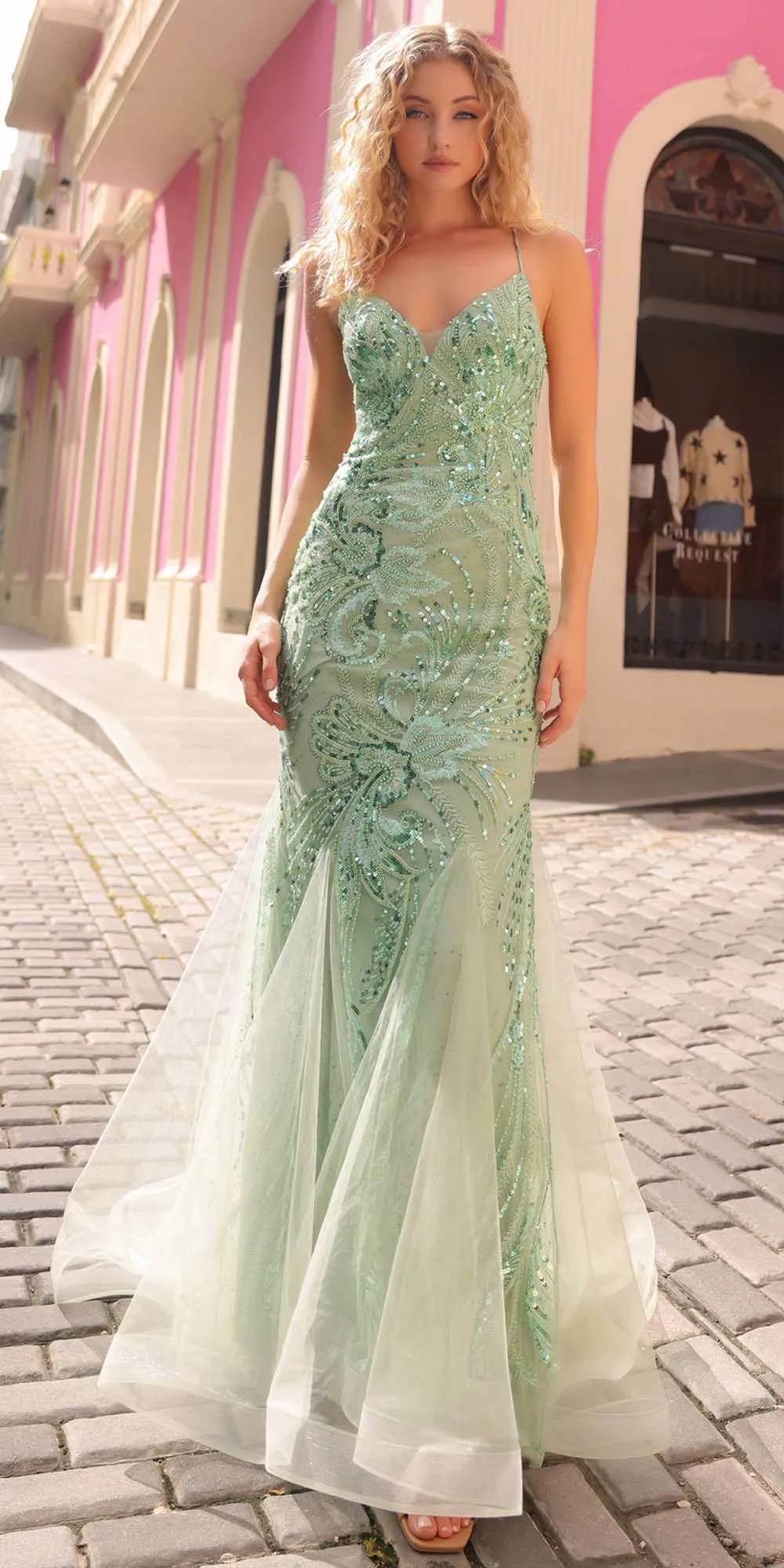 Nox Anabel C1416 Long Sequin Embroidery V-Neck Open Back Mermaid Gown