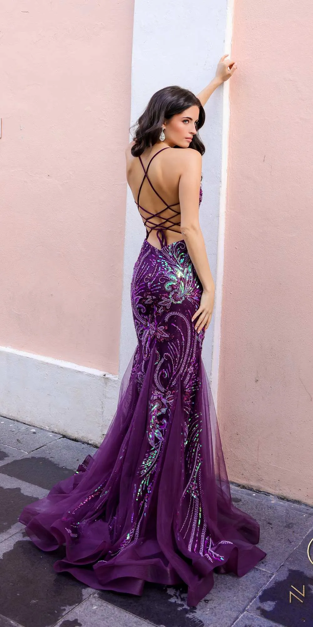 Nox Anabel C1416 Long Sequin Embroidery V-Neck Open Back Mermaid Gown