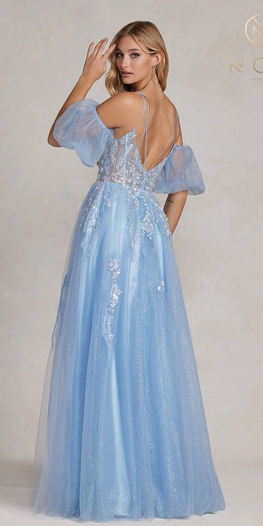Nox Anabel E1173 Long A-Line Tulle Gown Puff Sleeves Corset Bodice