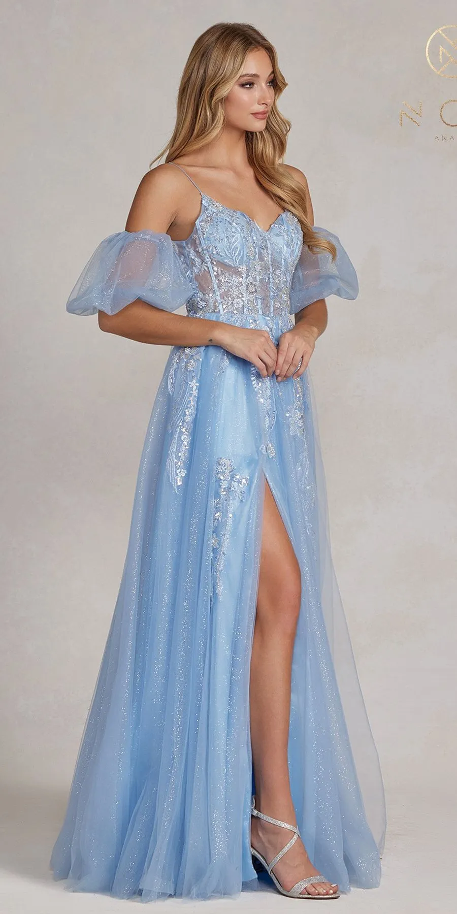 Nox Anabel E1173 Long A-Line Tulle Gown Puff Sleeves Corset Bodice