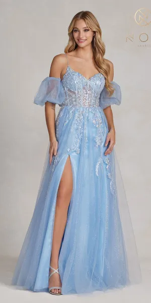 Nox Anabel E1173 Long A-Line Tulle Gown Puff Sleeves Corset Bodice