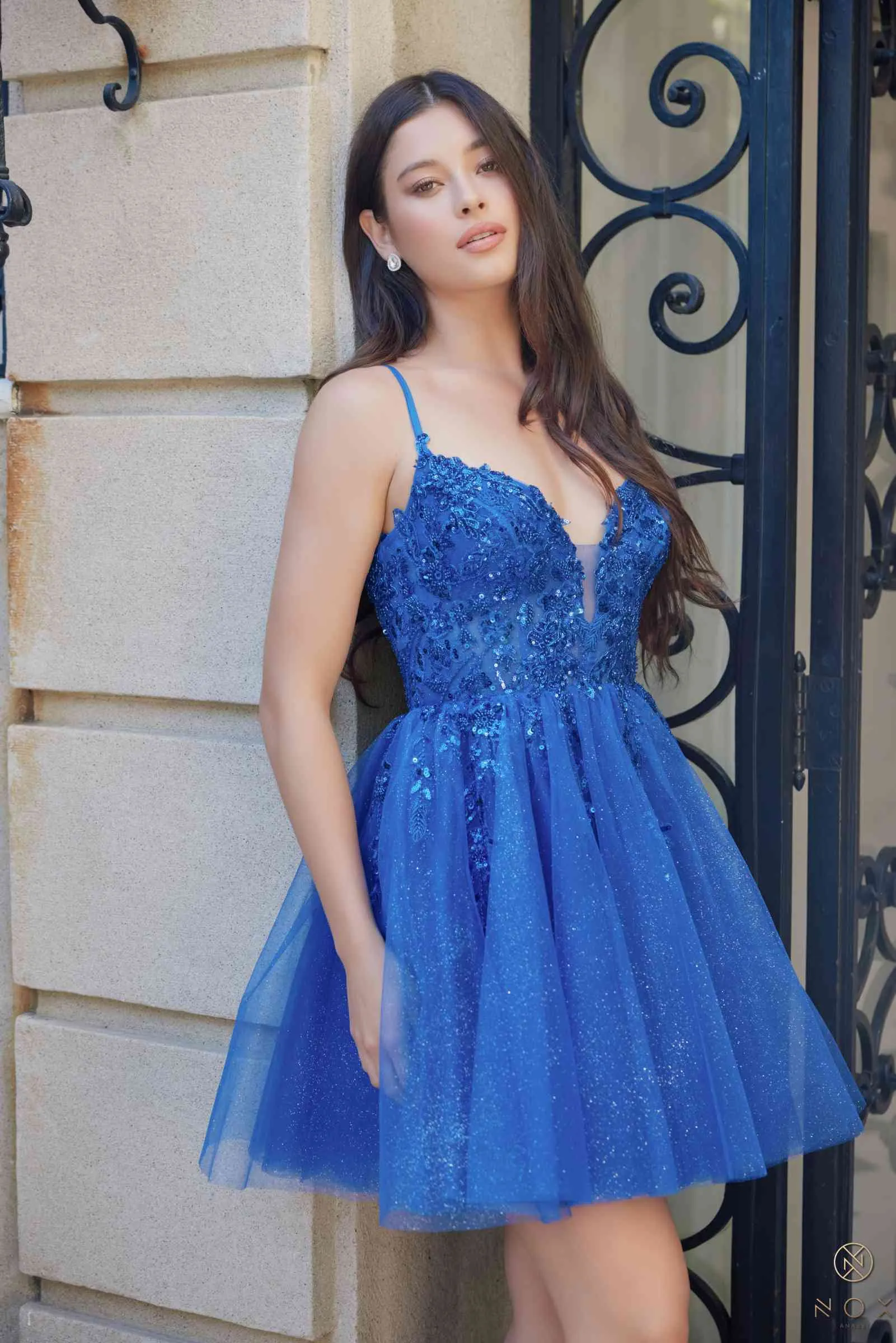 Nox Anabel E902 Short A-Line Applique Sleeveless Homecoming Dress