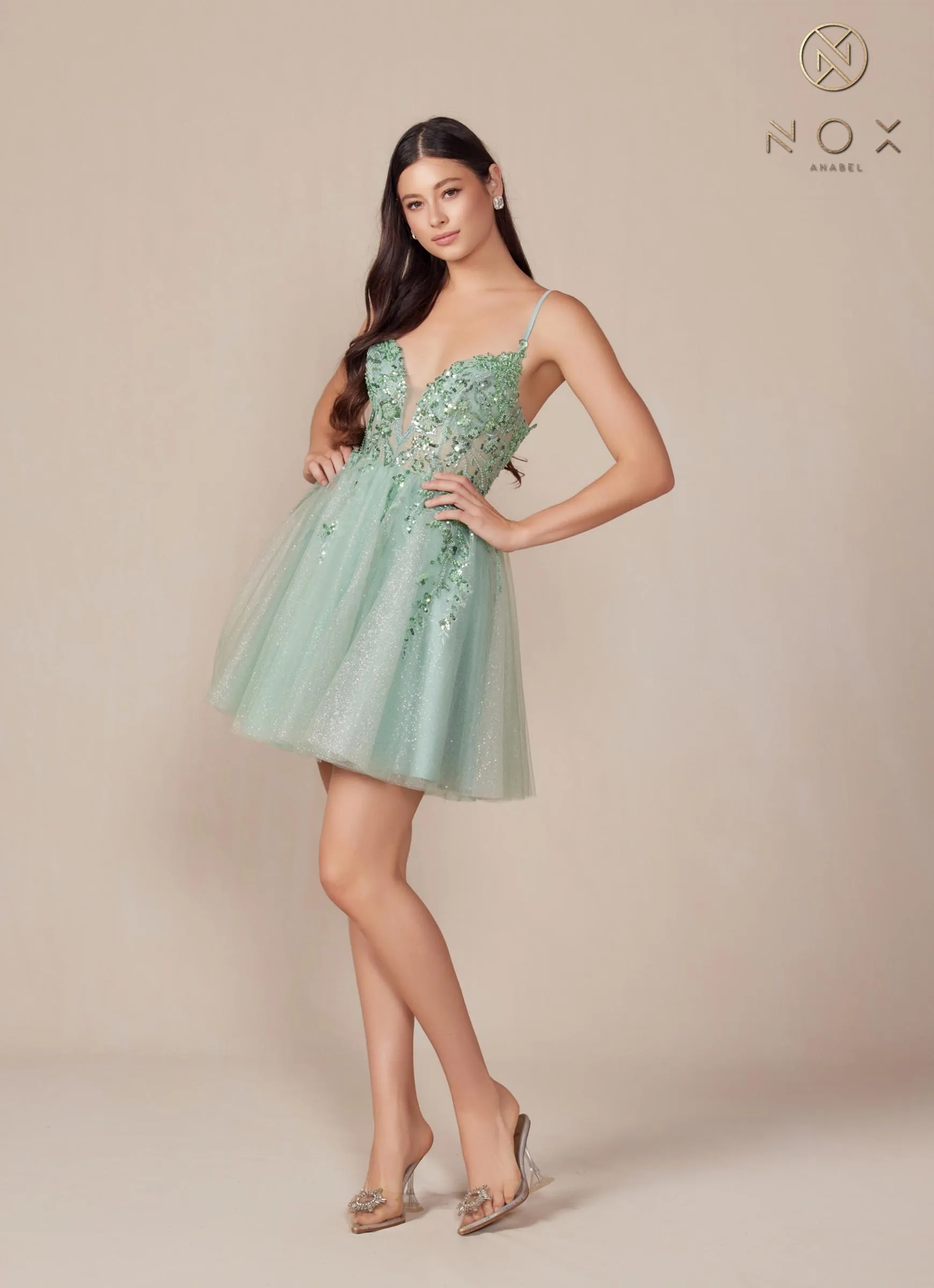 Nox Anabel E902 Short A-Line Applique Sleeveless Homecoming Dress