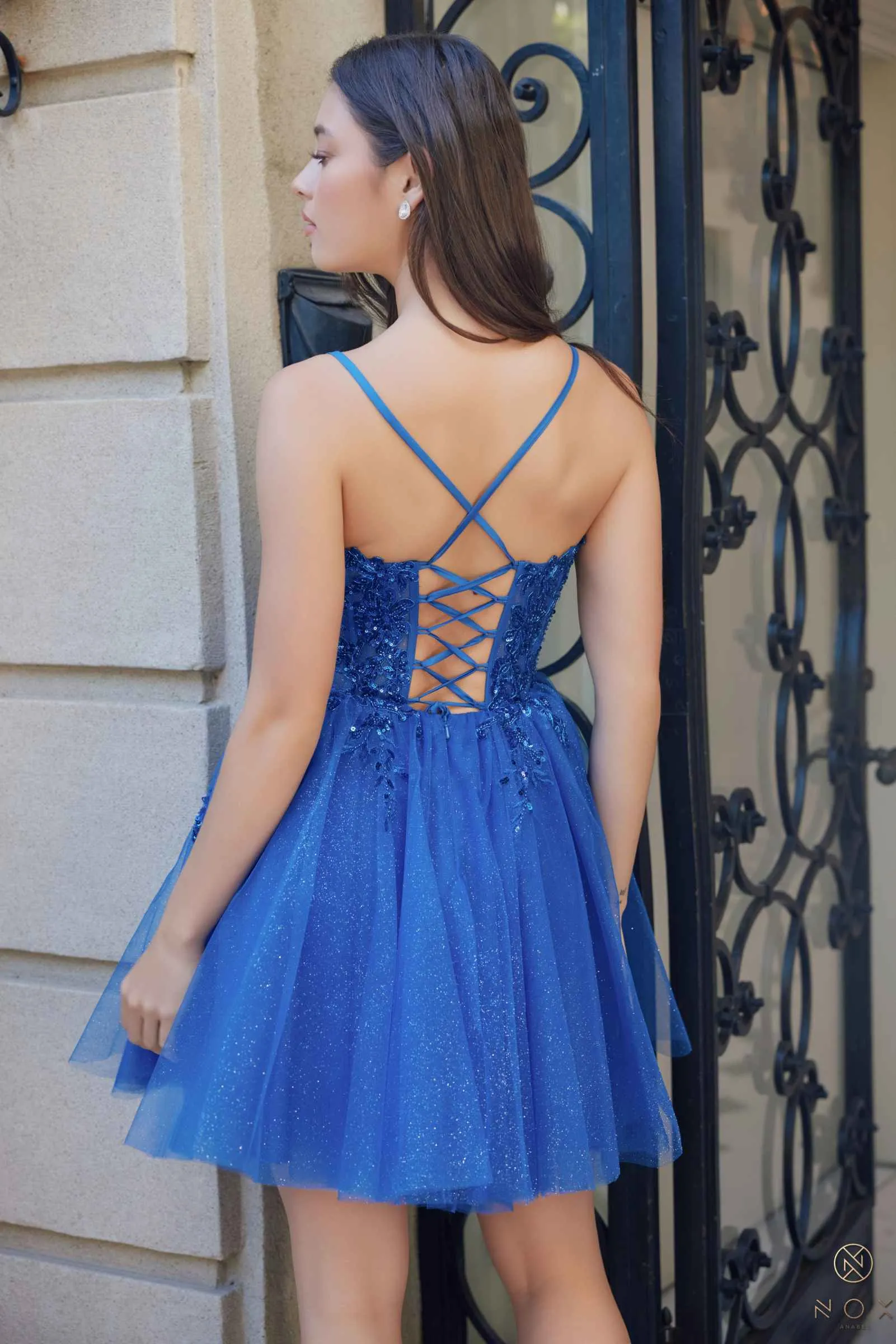 Nox Anabel E902 Short A-Line Applique Sleeveless Homecoming Dress