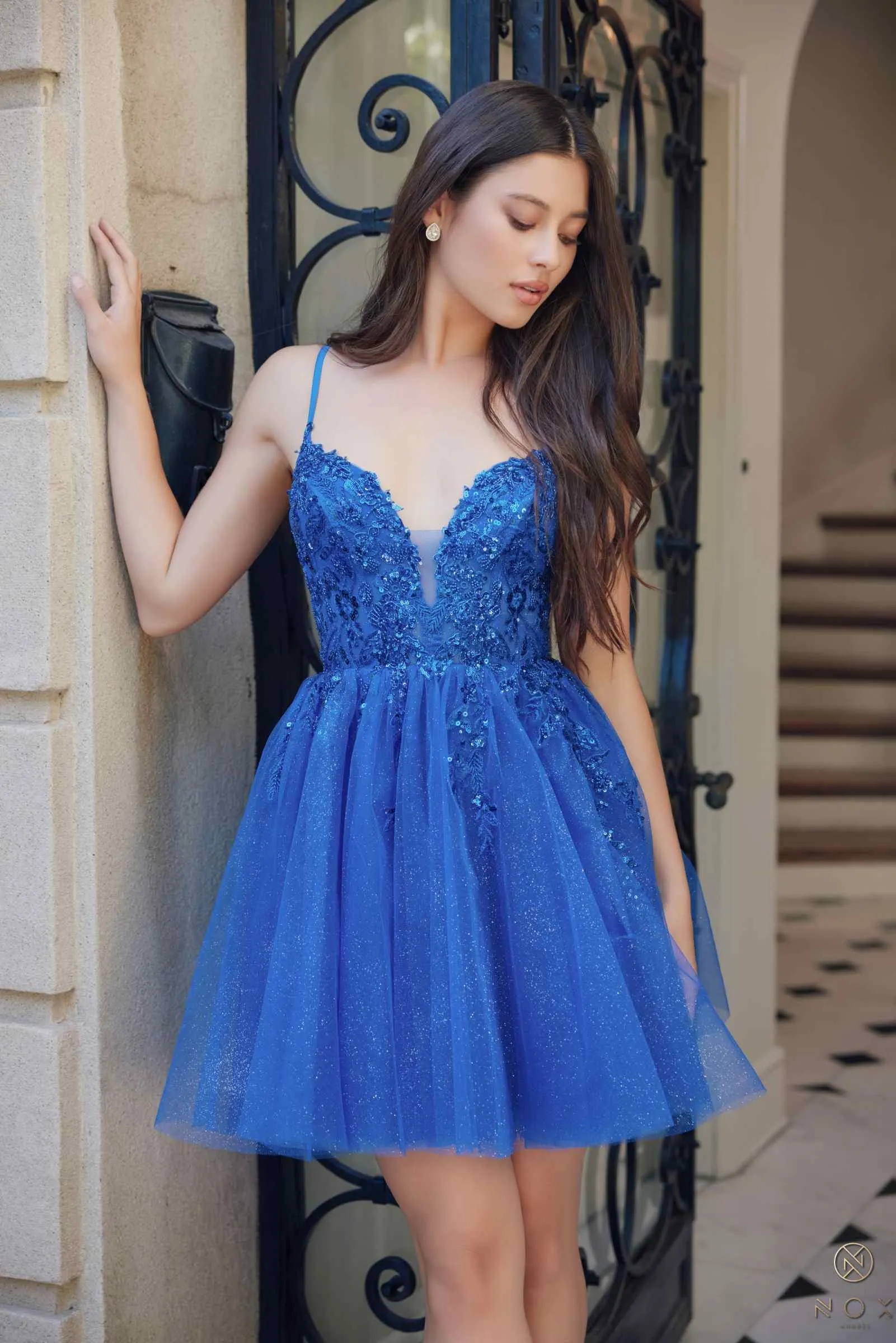 Nox Anabel E902 Short A-Line Applique Sleeveless Homecoming Dress