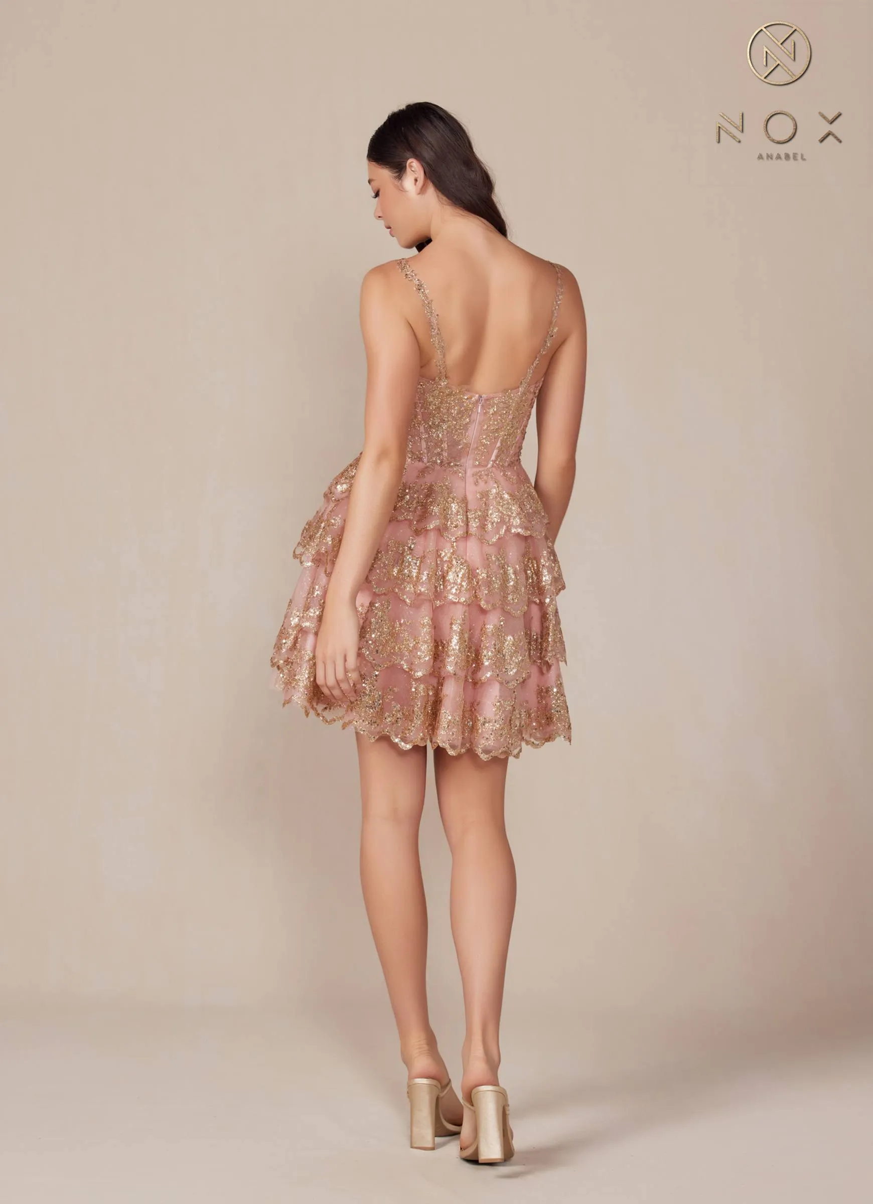 Nox Anabel E914 Short Applique Tiered A-Line Dress