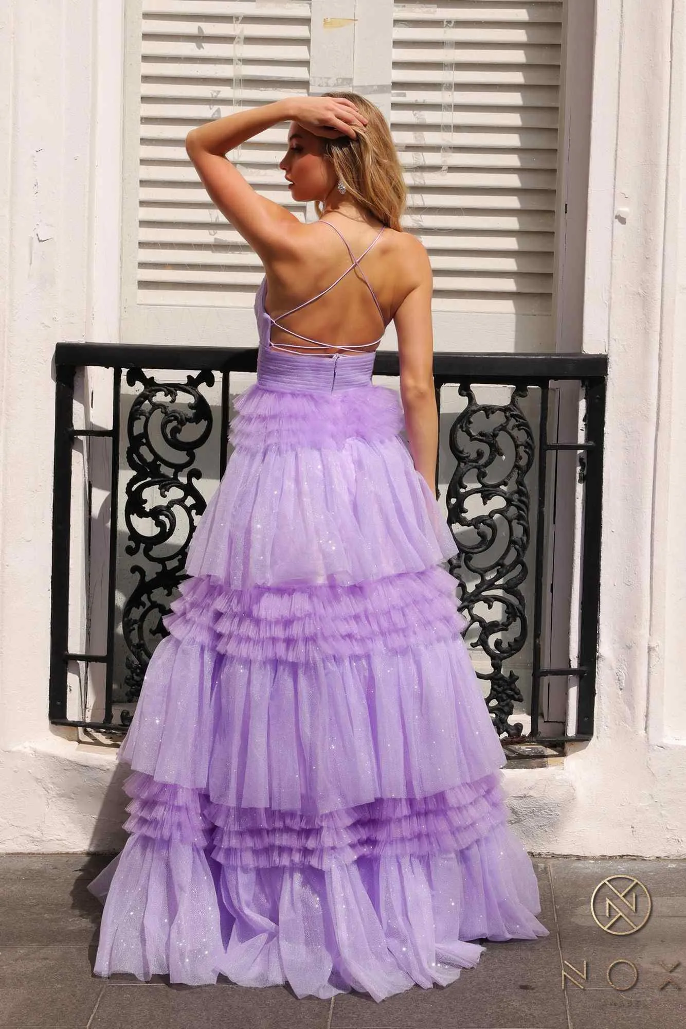 Nox Anabel R1316 Long Glitter Ruffled Tiered A-Line Sleeveless Gown
