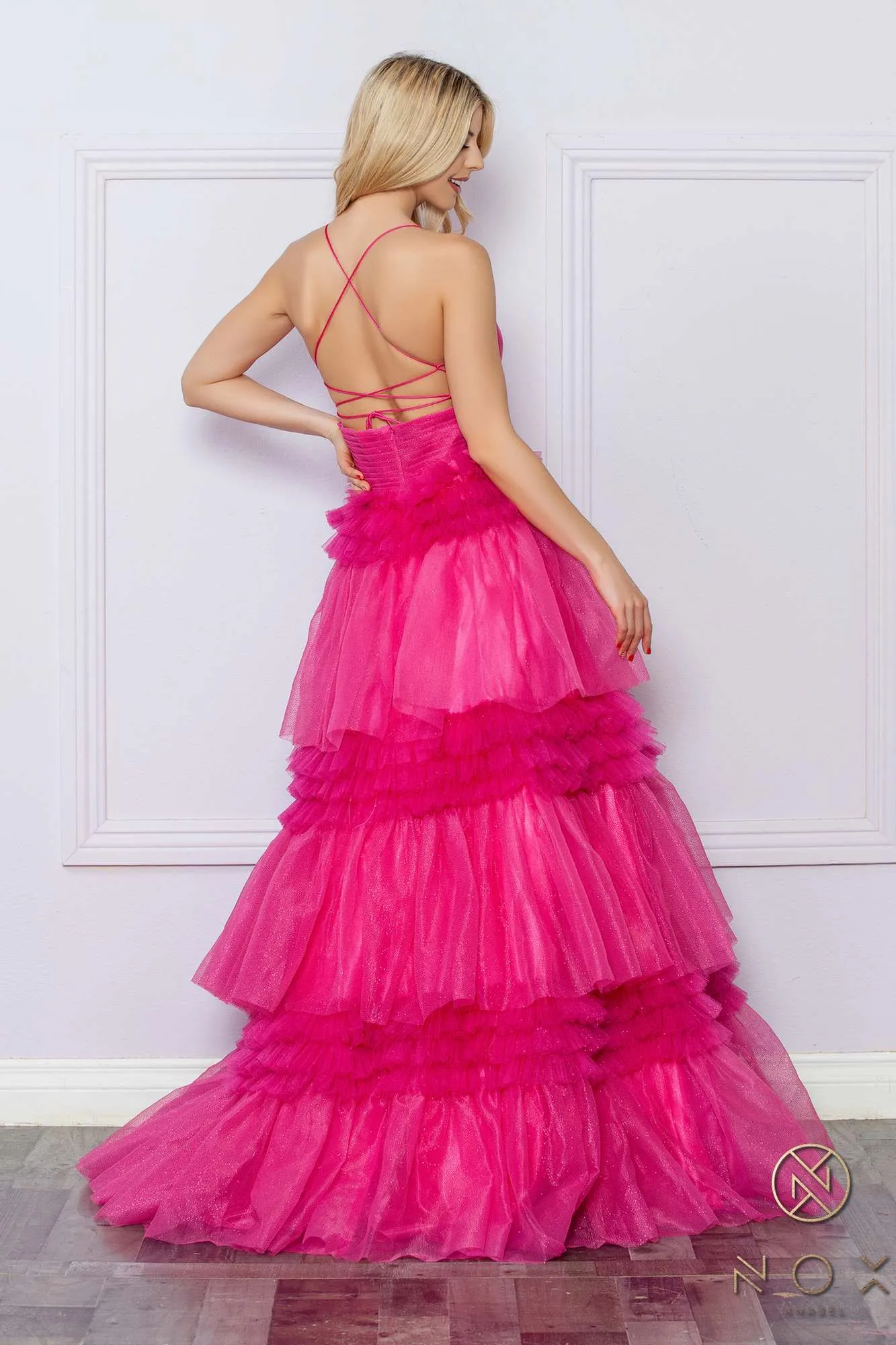 Nox Anabel R1316 Long Glitter Ruffled Tiered A-Line Sleeveless Gown