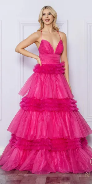Nox Anabel R1316 Long Glitter Ruffled Tiered A-Line Sleeveless Gown