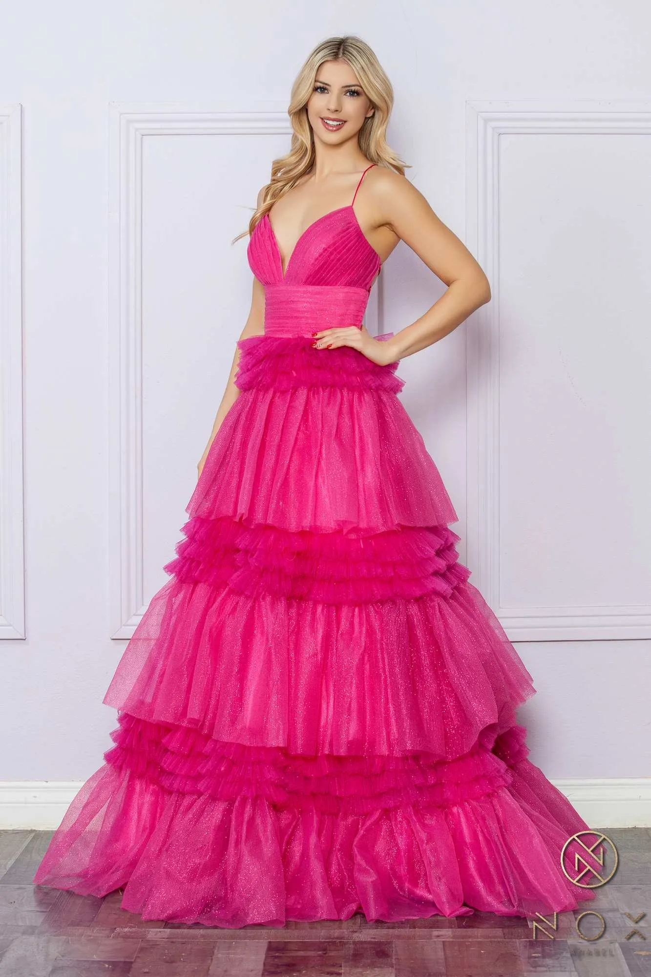 Nox Anabel R1316 Long Glitter Ruffled Tiered A-Line Sleeveless Gown