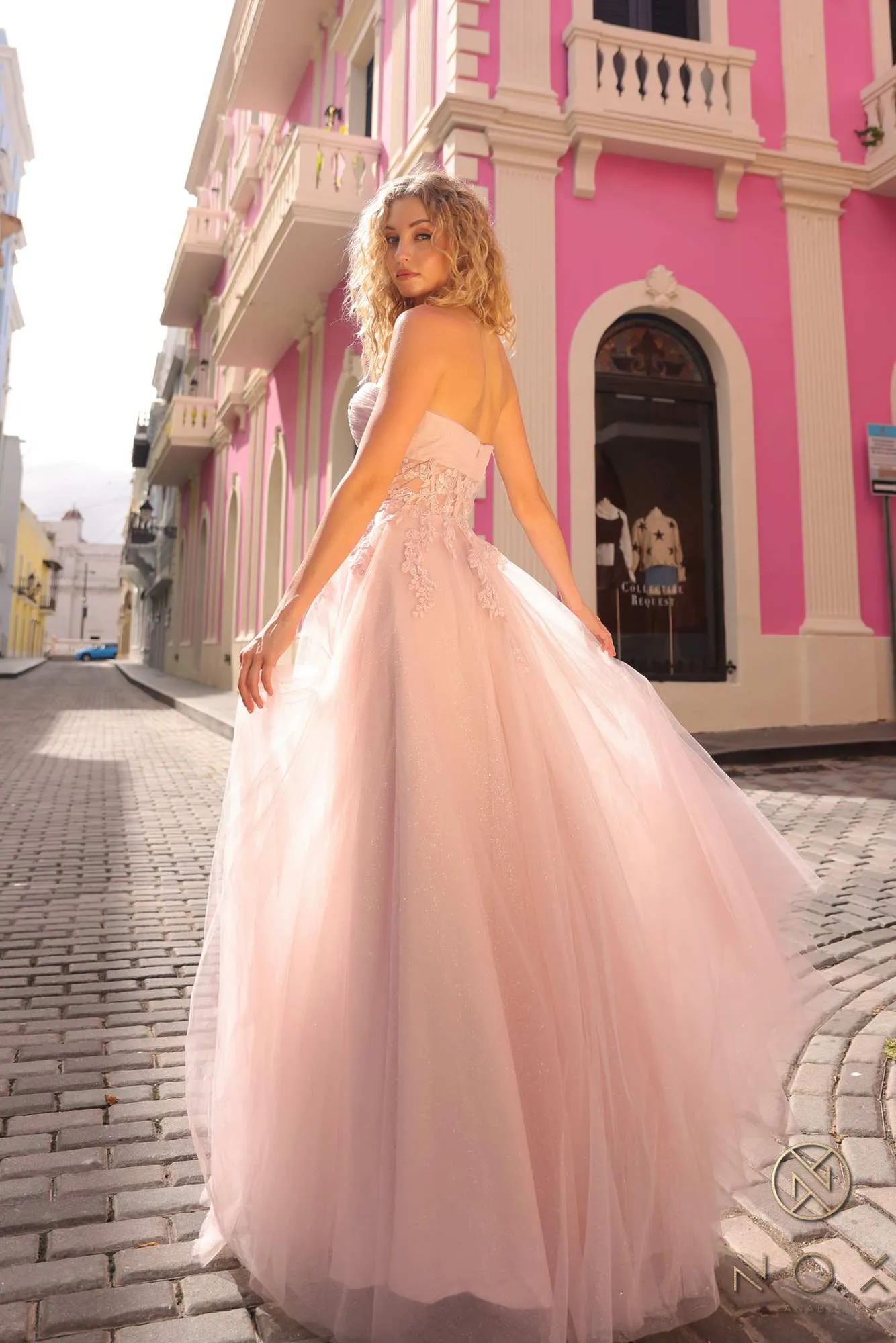 Nox Anabel T1326 Long Strapless Bonded Bodice Glitter Tulle A-Line Gown