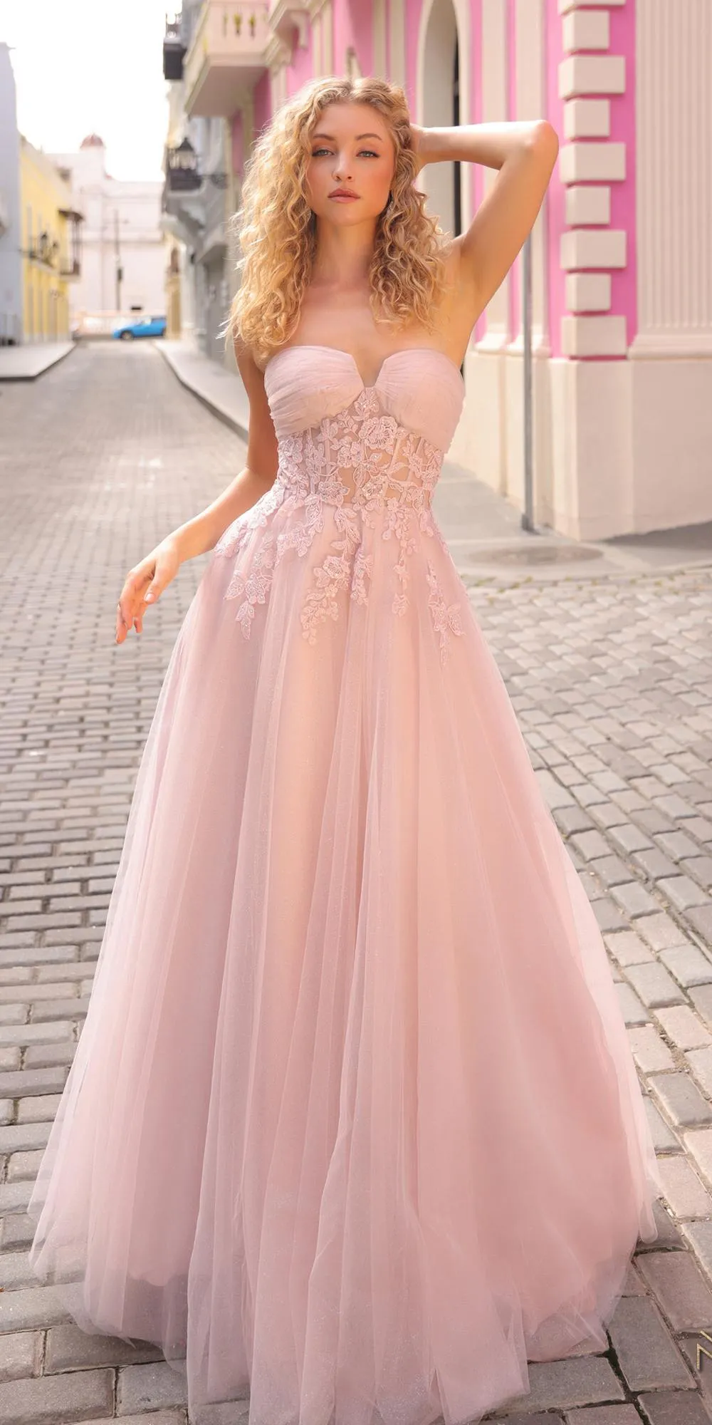 Nox Anabel T1326 Long Strapless Bonded Bodice Glitter Tulle A-Line Gown