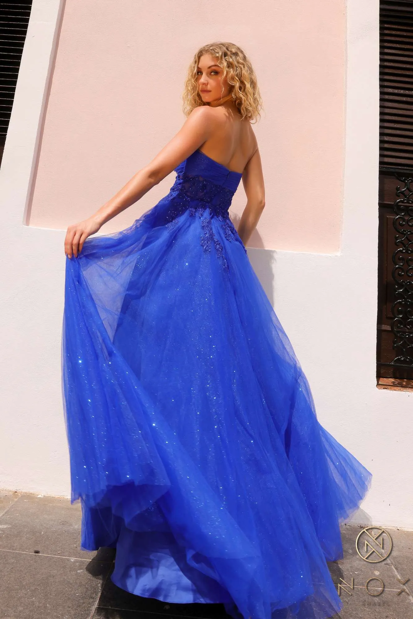 Nox Anabel T1326 Long Strapless Bonded Bodice Glitter Tulle A-Line Gown