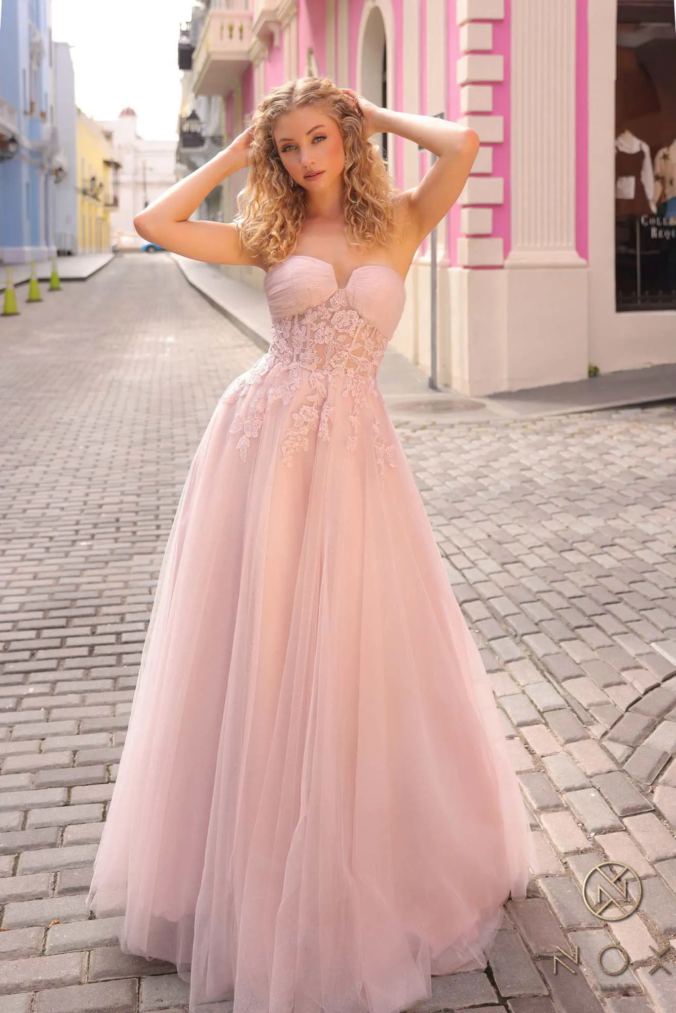 Nox Anabel T1326 Long Strapless Bonded Bodice Glitter Tulle A-Line Gown