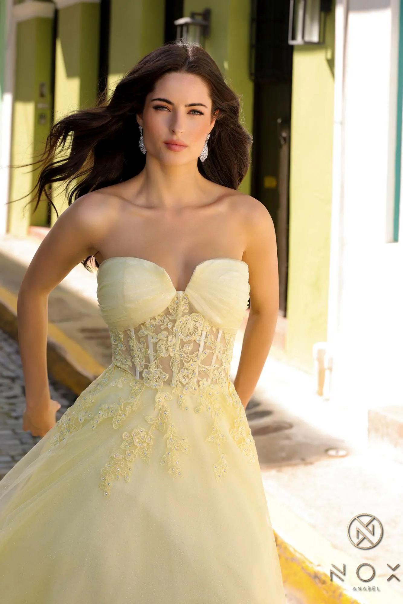 Nox Anabel T1326 Long Strapless Bonded Bodice Glitter Tulle A-Line Gown
