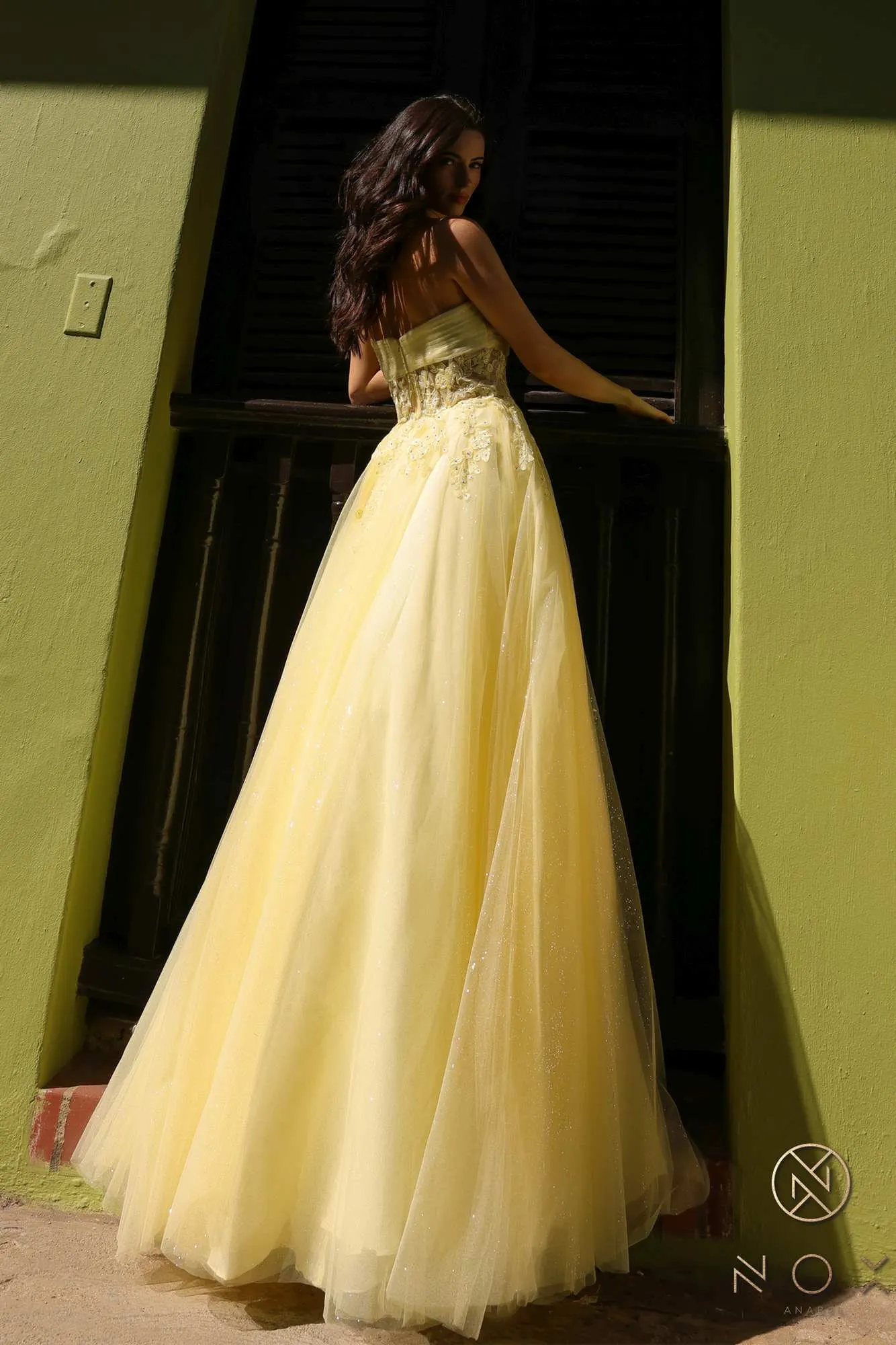 Nox Anabel T1326 Long Strapless Bonded Bodice Glitter Tulle A-Line Gown