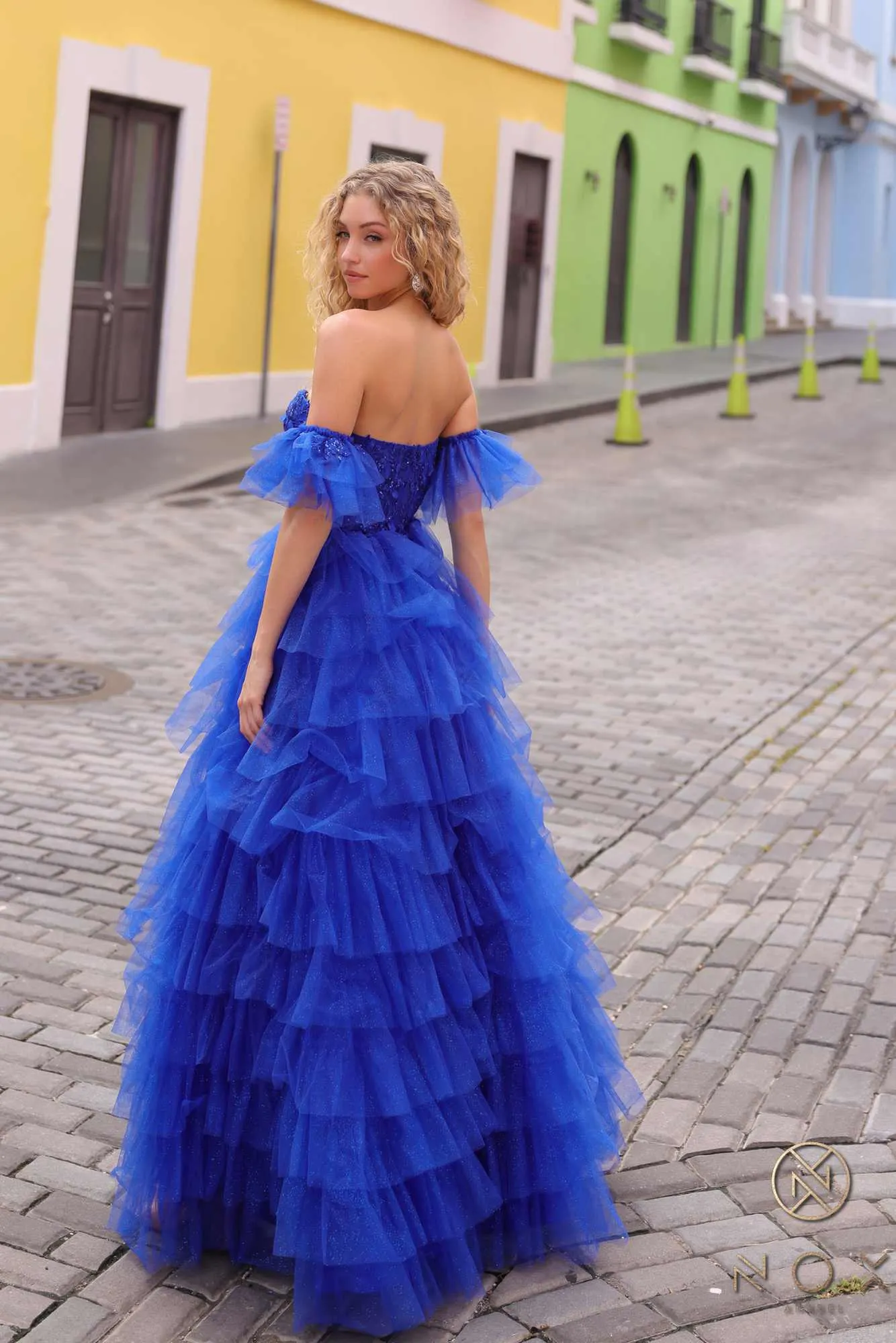 Nox Anabel T1338 Long Ruffled Tiered Skirt A-Line Ball Gown Arm Cuffs