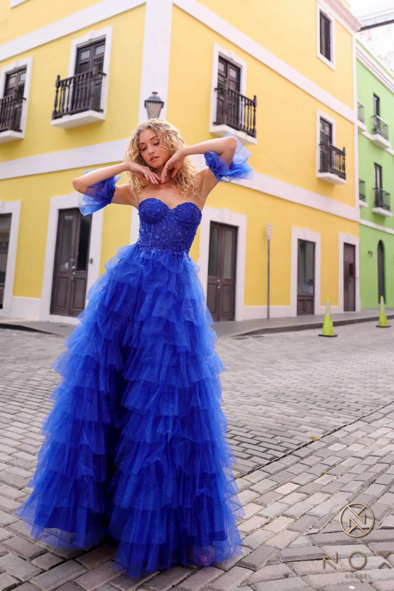 Nox Anabel T1338 Long Ruffled Tiered Skirt A-Line Ball Gown Arm Cuffs