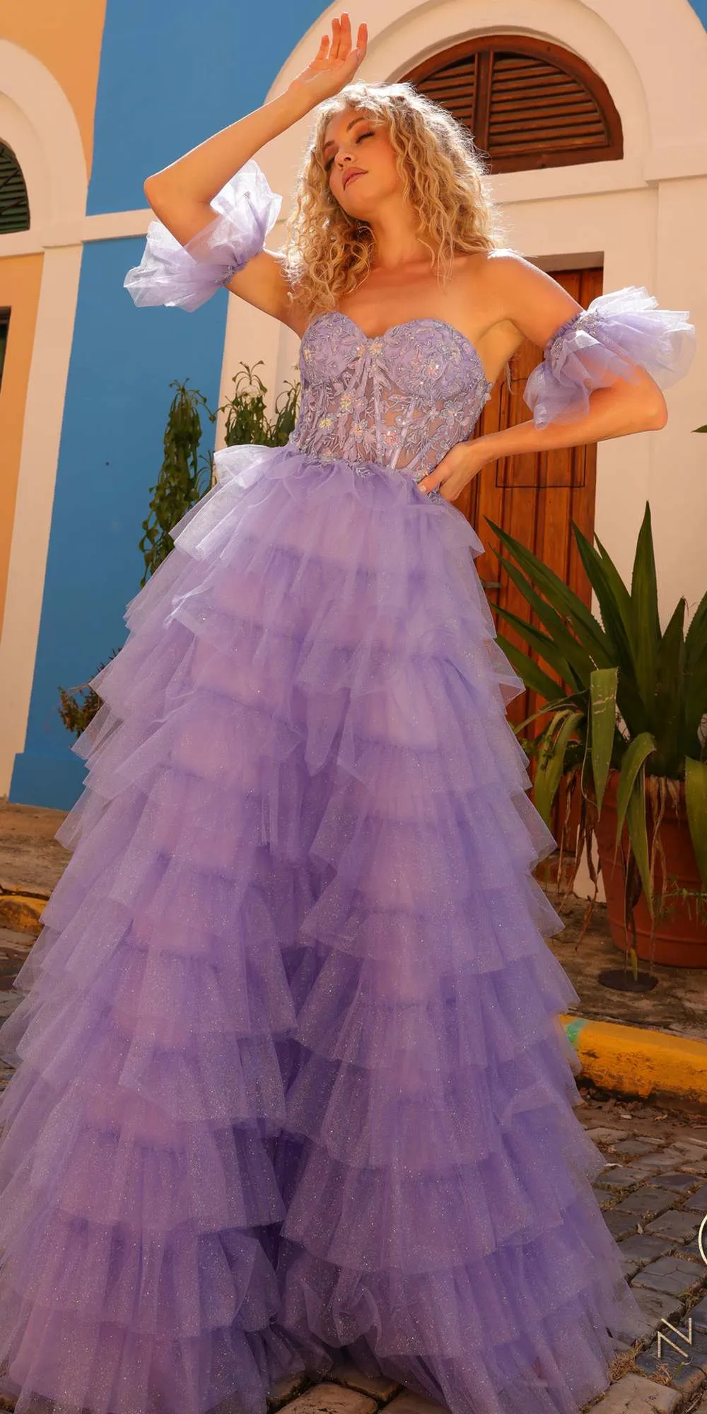 Nox Anabel T1338 Long Ruffled Tiered Skirt A-Line Ball Gown Arm Cuffs