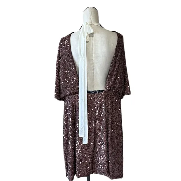 NWOT MNG MANGO ALL OVER SEQUENCE GOLD TIE BACK PARTY WEAR DRESS SZ-16