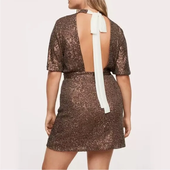 NWOT MNG MANGO ALL OVER SEQUENCE GOLD TIE BACK PARTY WEAR DRESS SZ-16