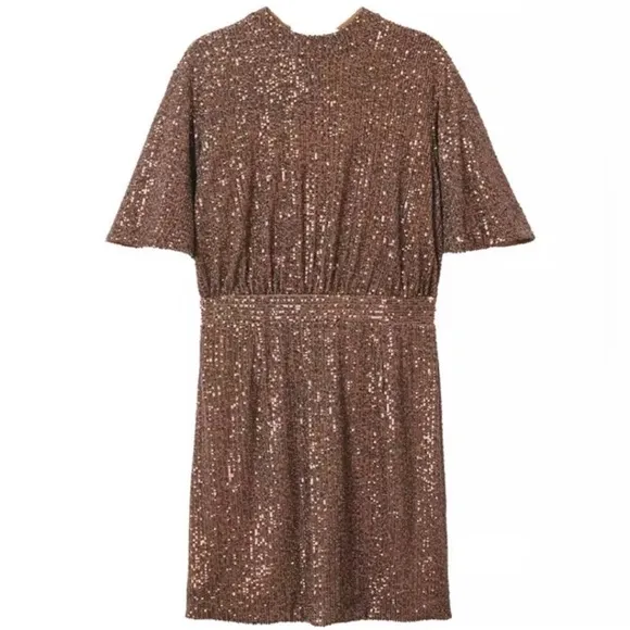 NWOT MNG MANGO ALL OVER SEQUENCE GOLD TIE BACK PARTY WEAR DRESS SZ-16