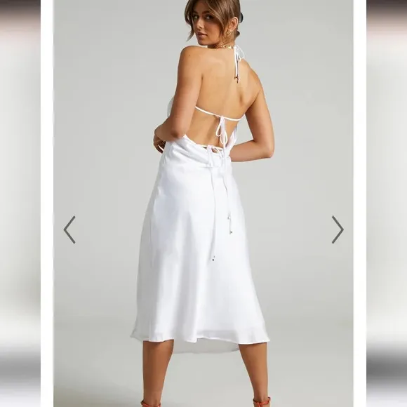 NWT Showpo Florentina Twist Front Open The Back Midi Dress White satin