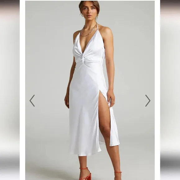NWT Showpo Florentina Twist Front Open The Back Midi Dress White satin