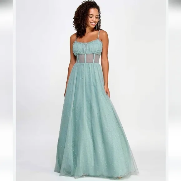 NWT TLC Say Yes Juniors Rhinestone-Embellished Mesh-Waist Gown in Seagreen 13/14