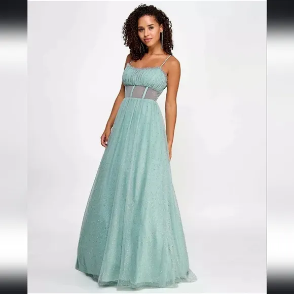 NWT TLC Say Yes Juniors Rhinestone-Embellished Mesh-Waist Gown in Seagreen 13/14