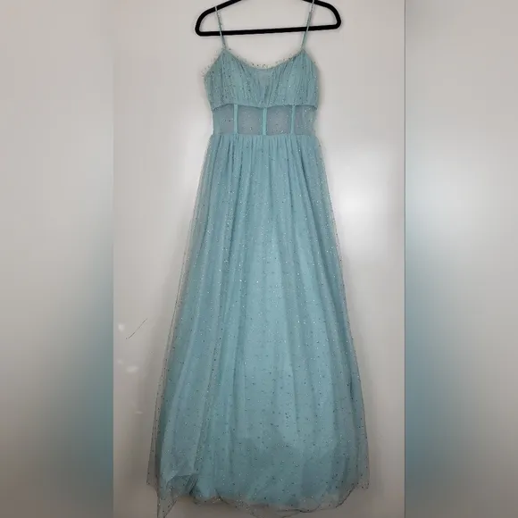 NWT TLC Say Yes Juniors Rhinestone-Embellished Mesh-Waist Gown in Seagreen 13/14