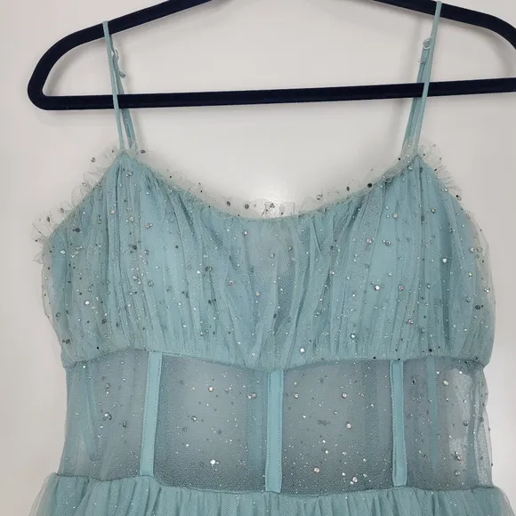 NWT TLC Say Yes Juniors Rhinestone-Embellished Mesh-Waist Gown in Seagreen 13/14