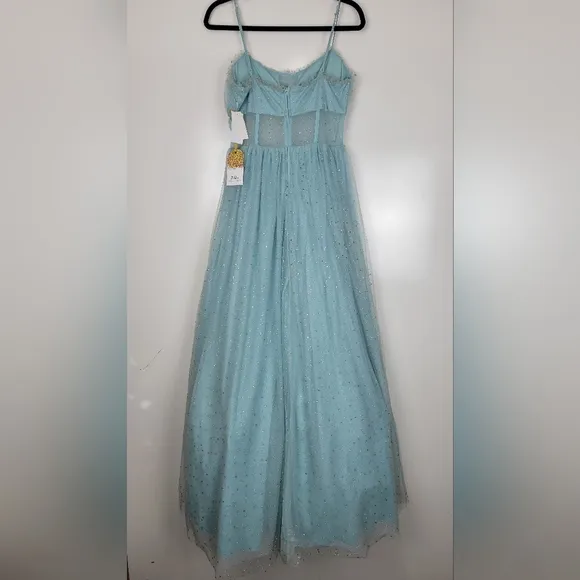 NWT TLC Say Yes Juniors Rhinestone-Embellished Mesh-Waist Gown in Seagreen 13/14