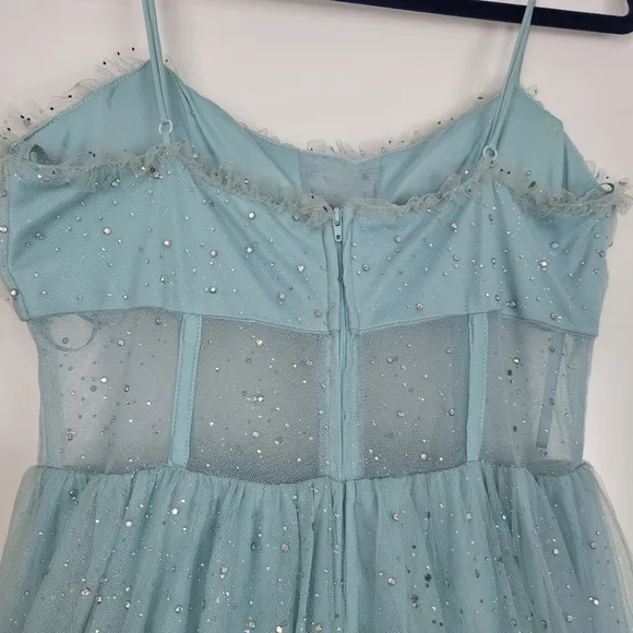 NWT TLC Say Yes Juniors Rhinestone-Embellished Mesh-Waist Gown in Seagreen 13/14