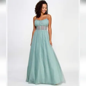 NWT TLC Say Yes Juniors Rhinestone-Embellished Mesh-Waist Gown in Seagreen 13/14