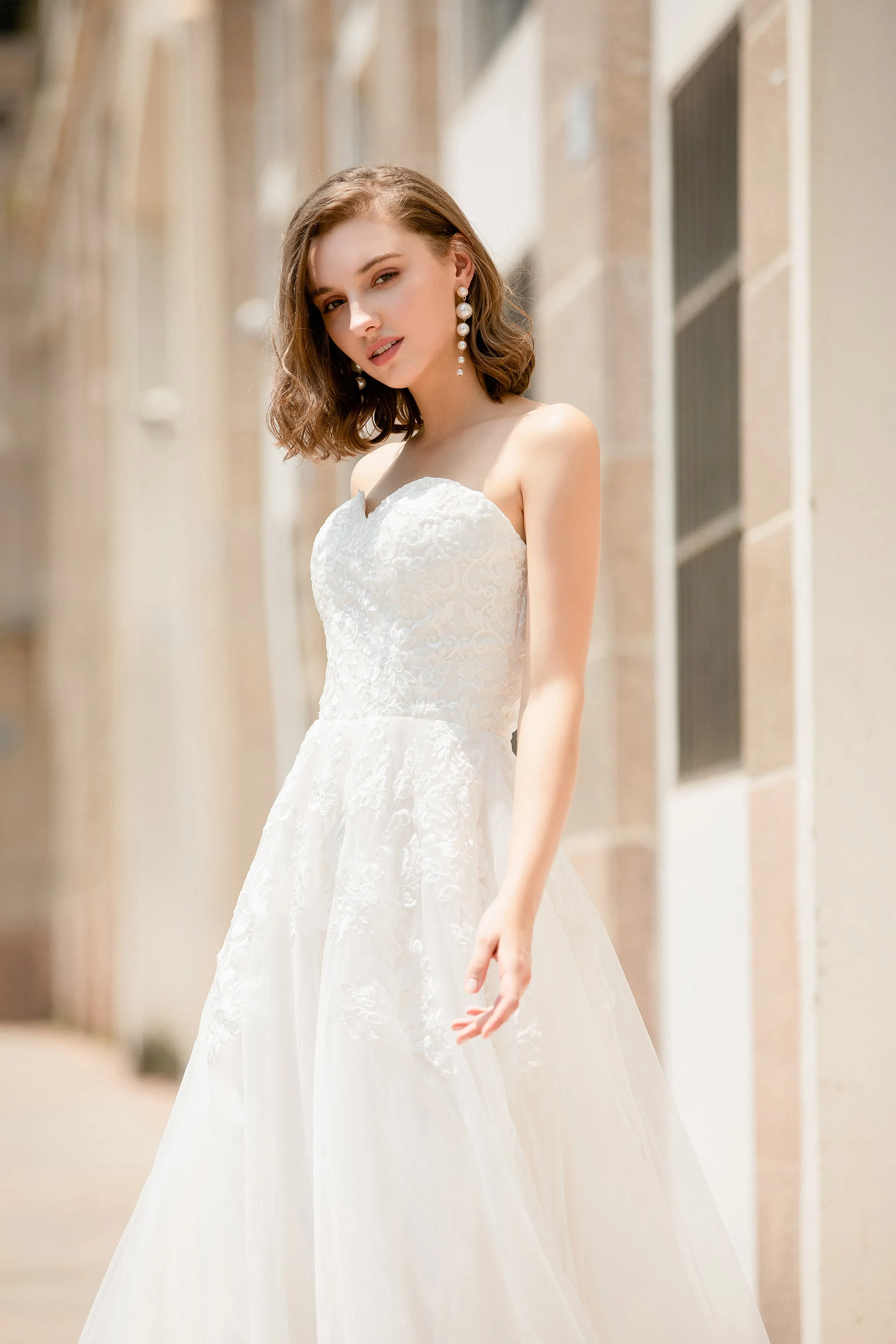 Ochid - Selena Huan strapless Alencon Embroidery lace glowing A-line gown