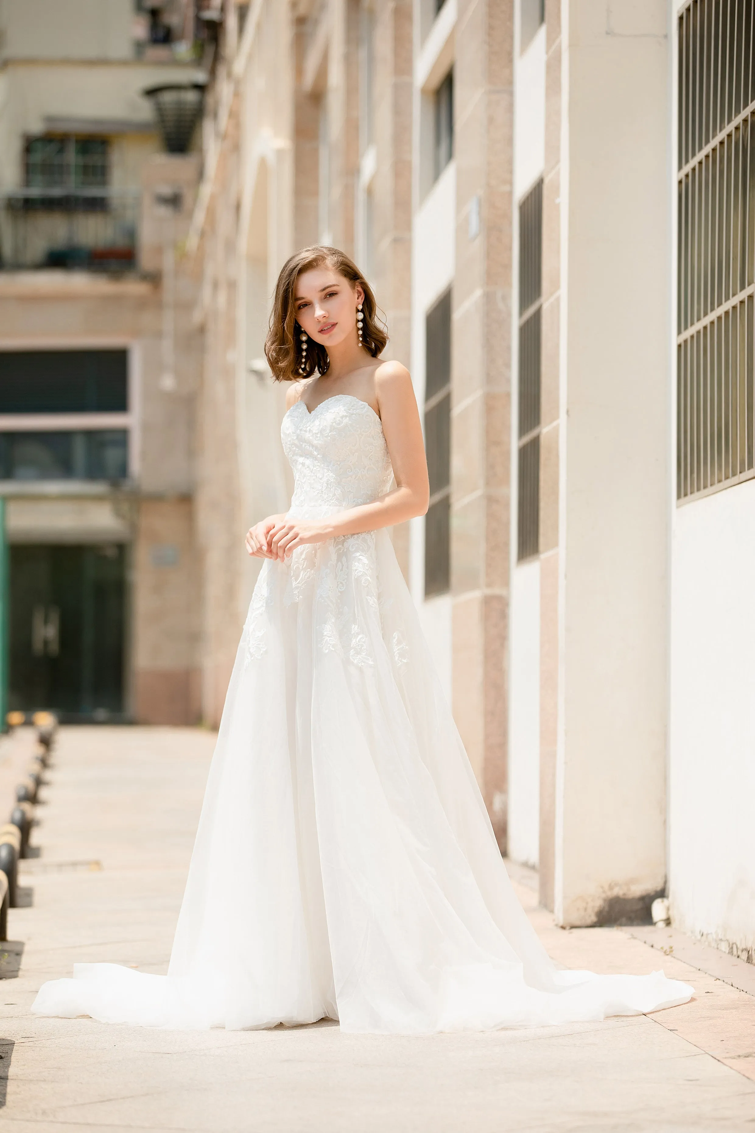 Ochid - Selena Huan strapless Alencon Embroidery lace glowing A-line gown