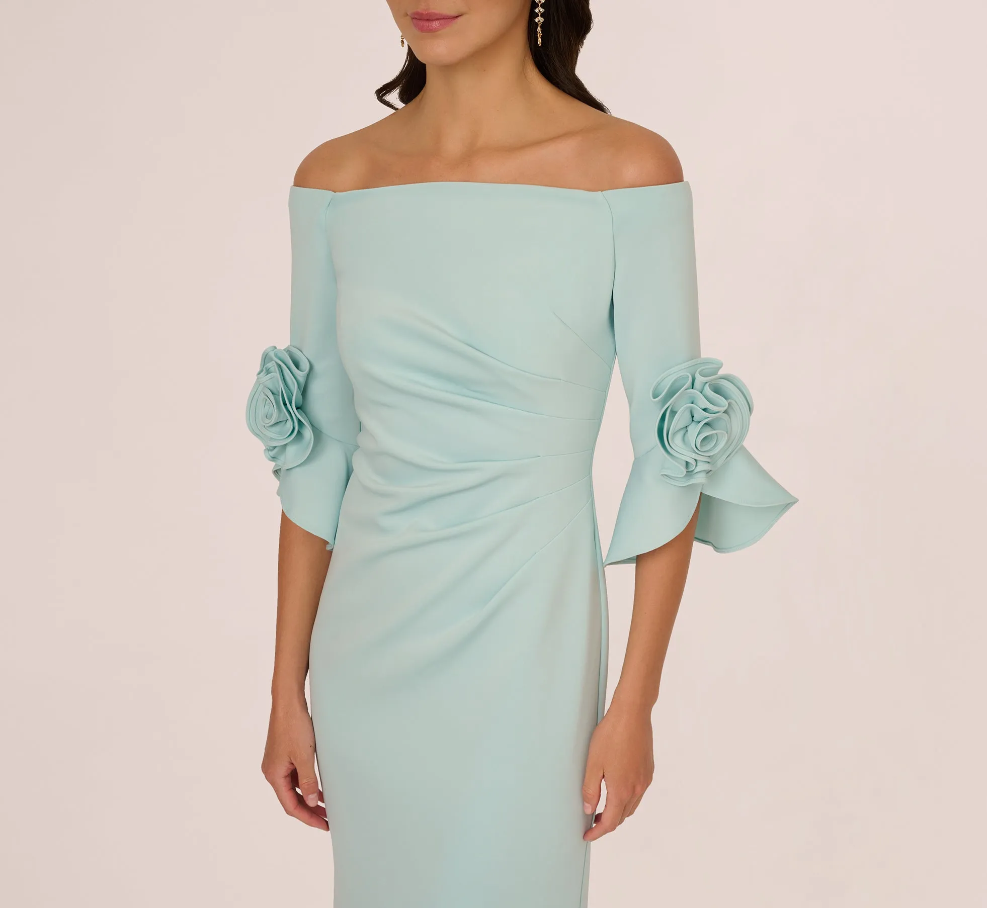 Off Shoulder Bell Sleeve Rosette Gown In Airy Aqua