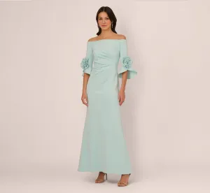 Off Shoulder Bell Sleeve Rosette Gown In Airy Aqua