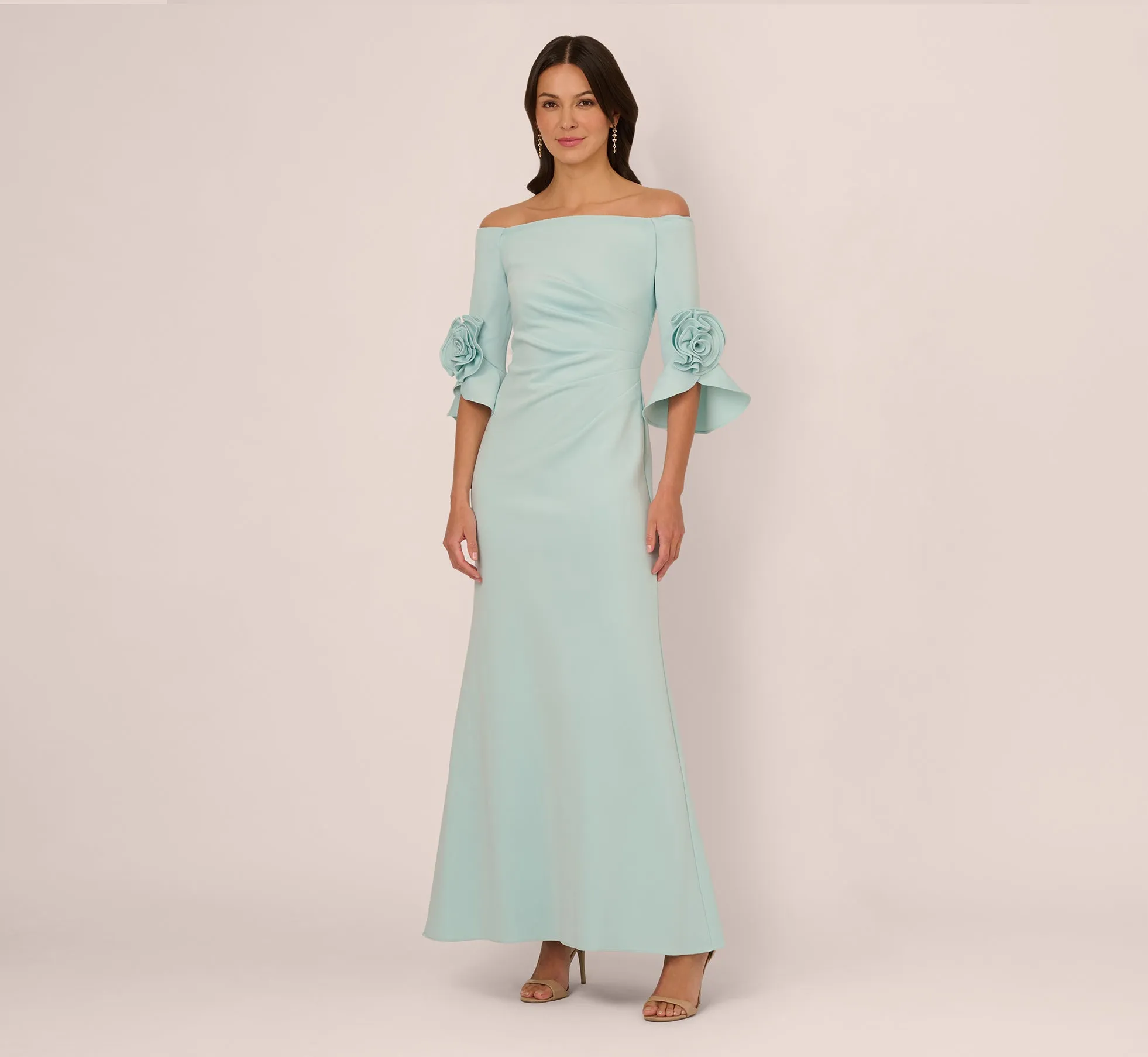 Off Shoulder Bell Sleeve Rosette Gown In Airy Aqua
