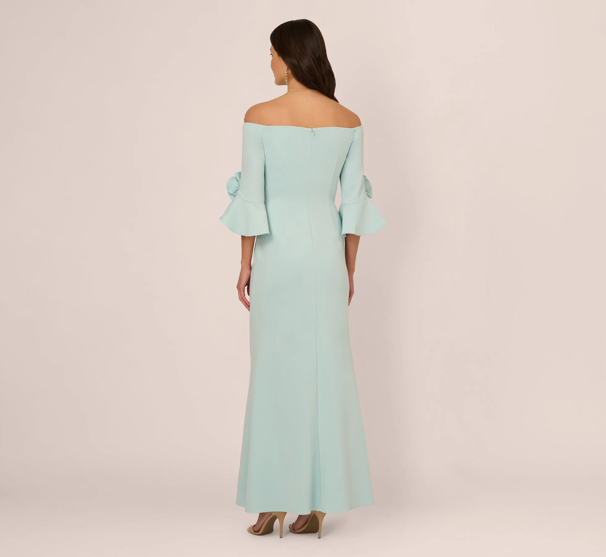 Off Shoulder Bell Sleeve Rosette Gown In Airy Aqua